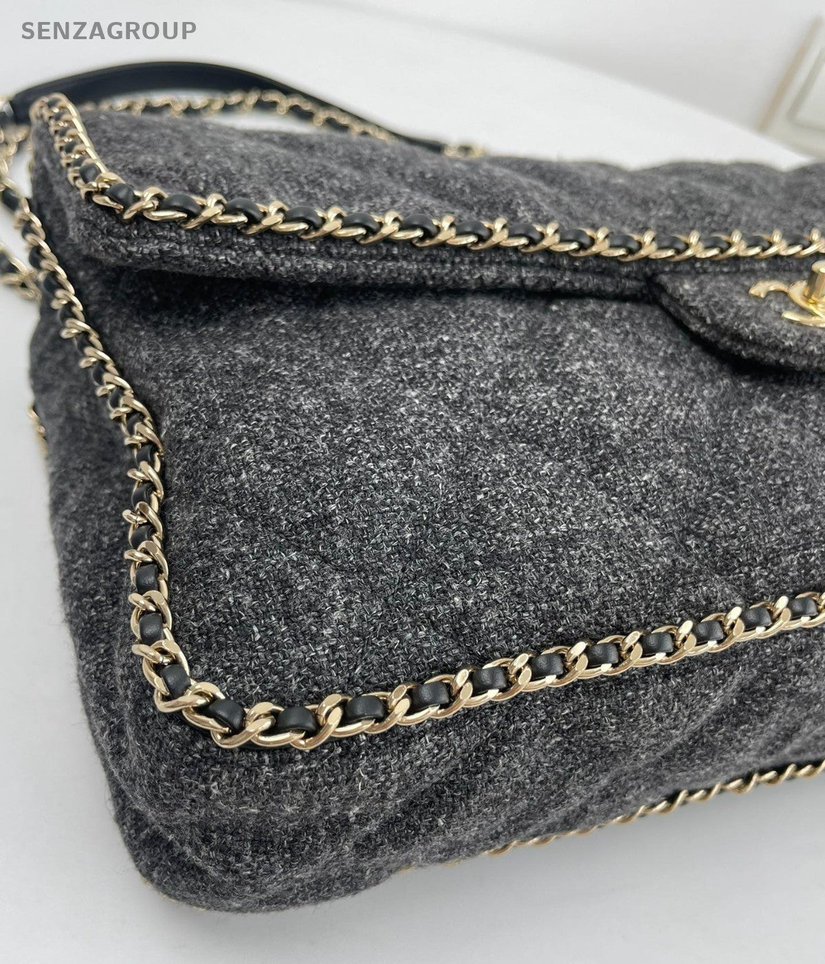 Chanel Tweed Trim Classic Flap Chain GM Shoulder Bag Gray Gold Used Women