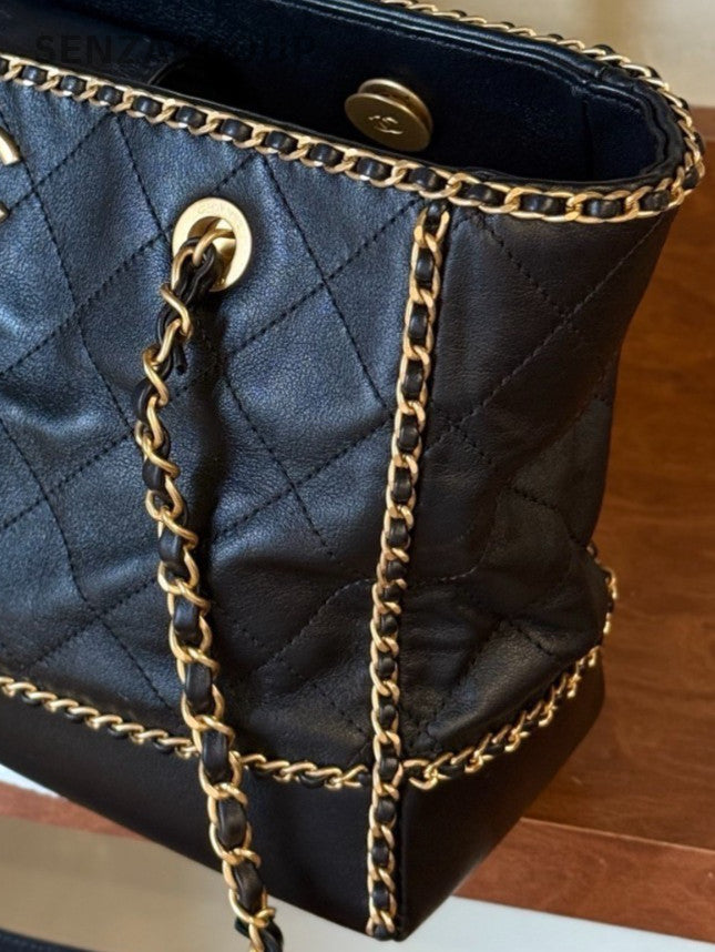 Chanel Lambskin Chain CC Logo Tote Shoulder Bag Black Gold Used Women Classic