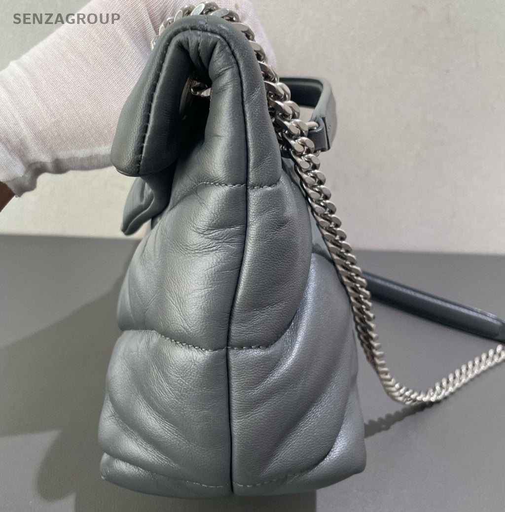 Saint Laurent LOULOU Lambskin Chain Shoulder Bag Crossbody Gray Silver Women