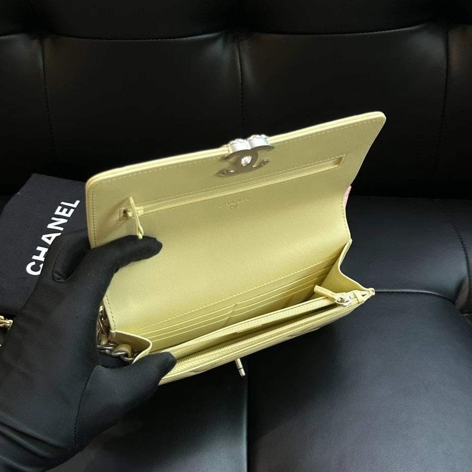 Chanel 19Bag WOC Chain Shoulder Bag Crossbody Yellow Silver Women Classic