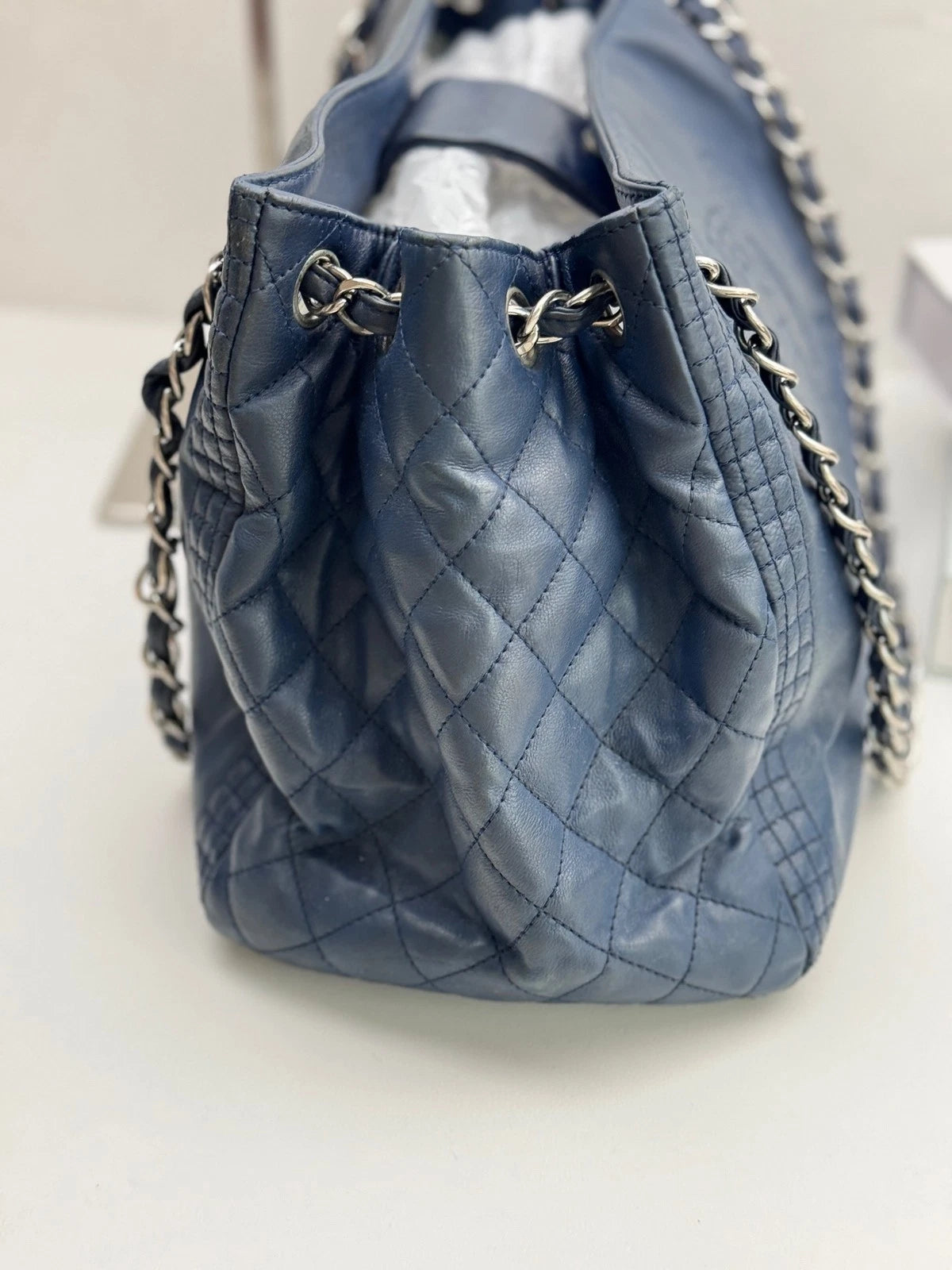 Authentic Chanel CC Logo Silver Chain Blue Tote Shoulder Bag