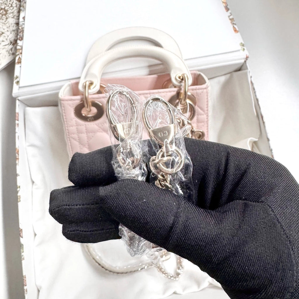 Dior Lady Dior Leather Pink White Top Handle Excellent