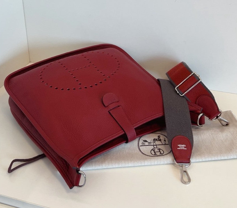 Hermes Evelyne GM Shoulder Bag Crossbody Red Silver Used Women Classic