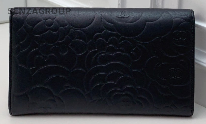 Chanel Printed Embossing Long Wallet Black Silver Used Women Classic Designer