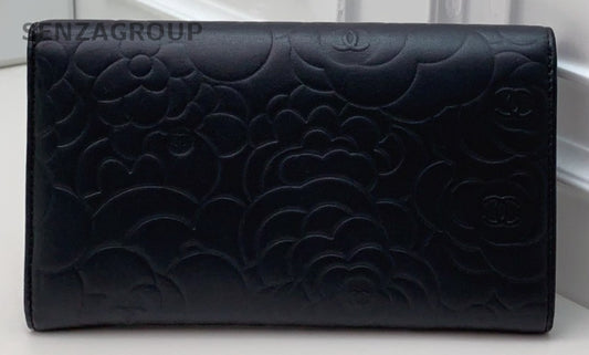 Chanel Printed Embossing Long Wallet Black Silver Used Women Classic Designer