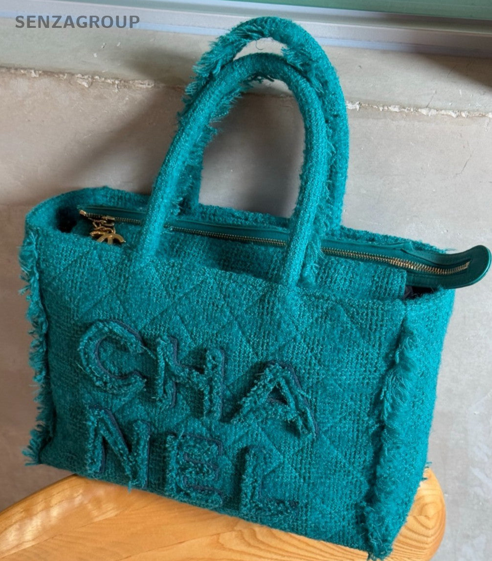 Chanel Tweed Tote Fringe Top Handle Bag Green Used Women Classic Large Logo