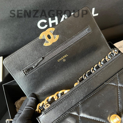 Chanel Black Gold 19 Bag WOC Chain Shoulder Crossbody Bag Quilted