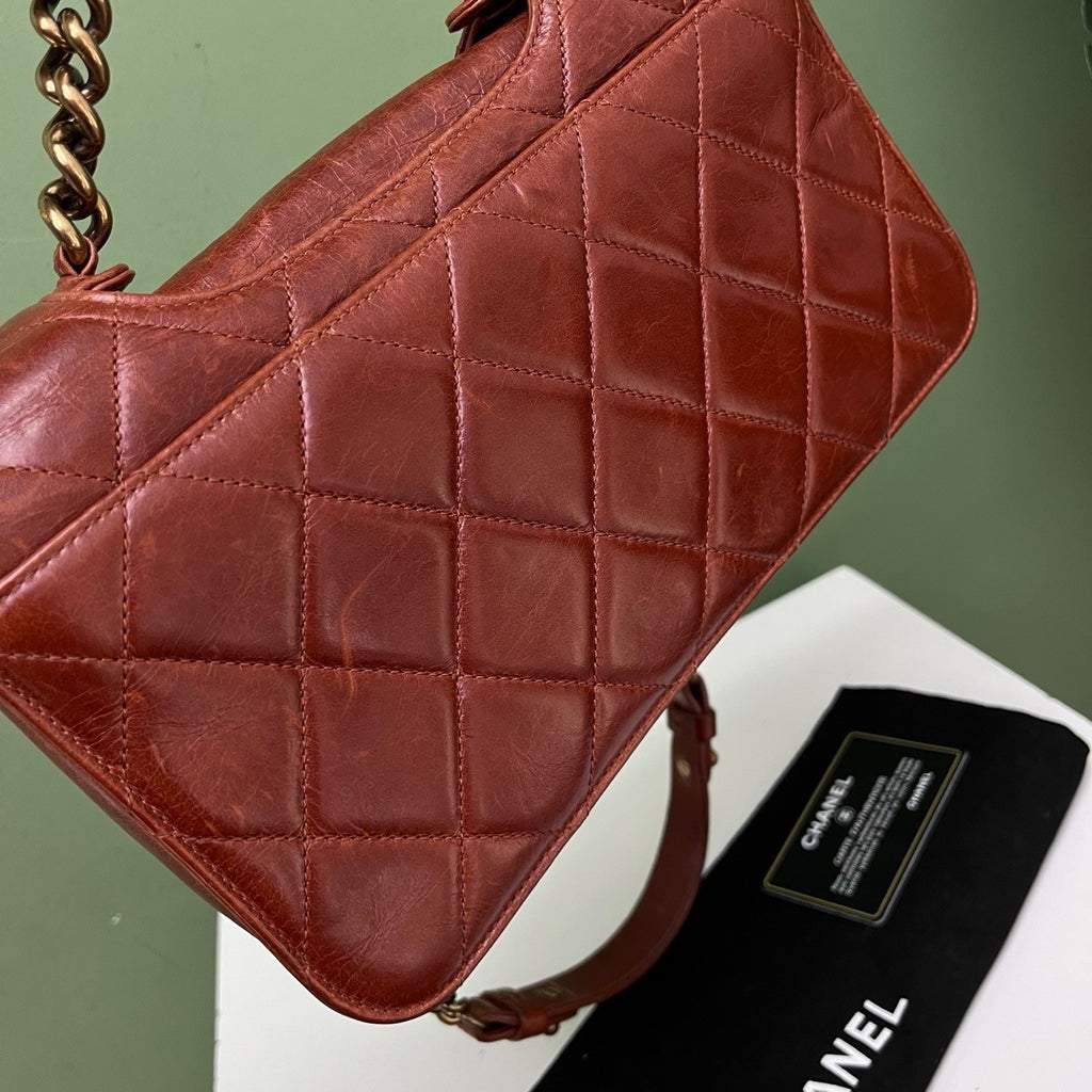 Chanel Classic Flap Chain Top Handle Shoulder Bag Red Gold Used Women Diamond