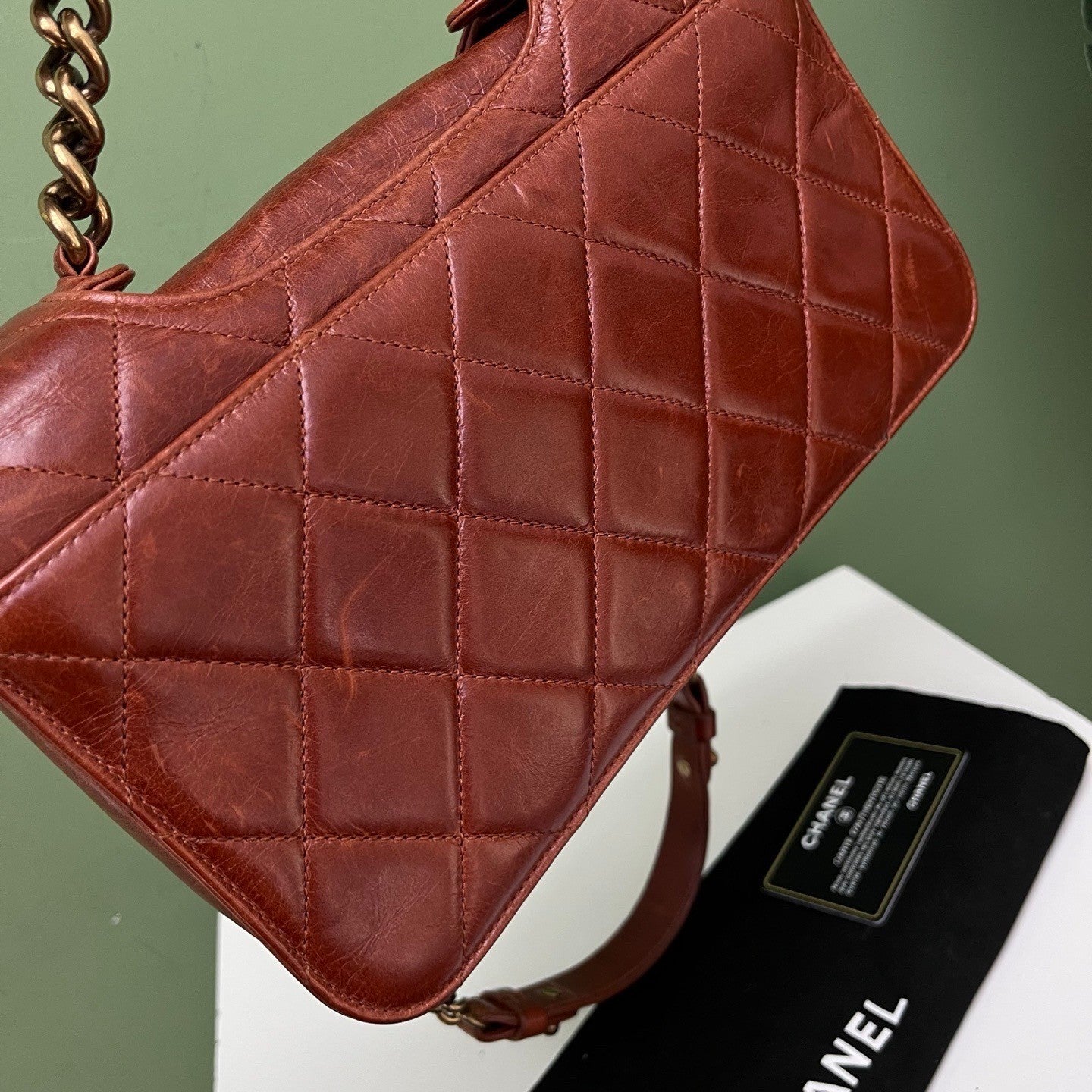Chanel Classic Flap Chain Top Handle Shoulder Bag Red Gold Used Women Diamond