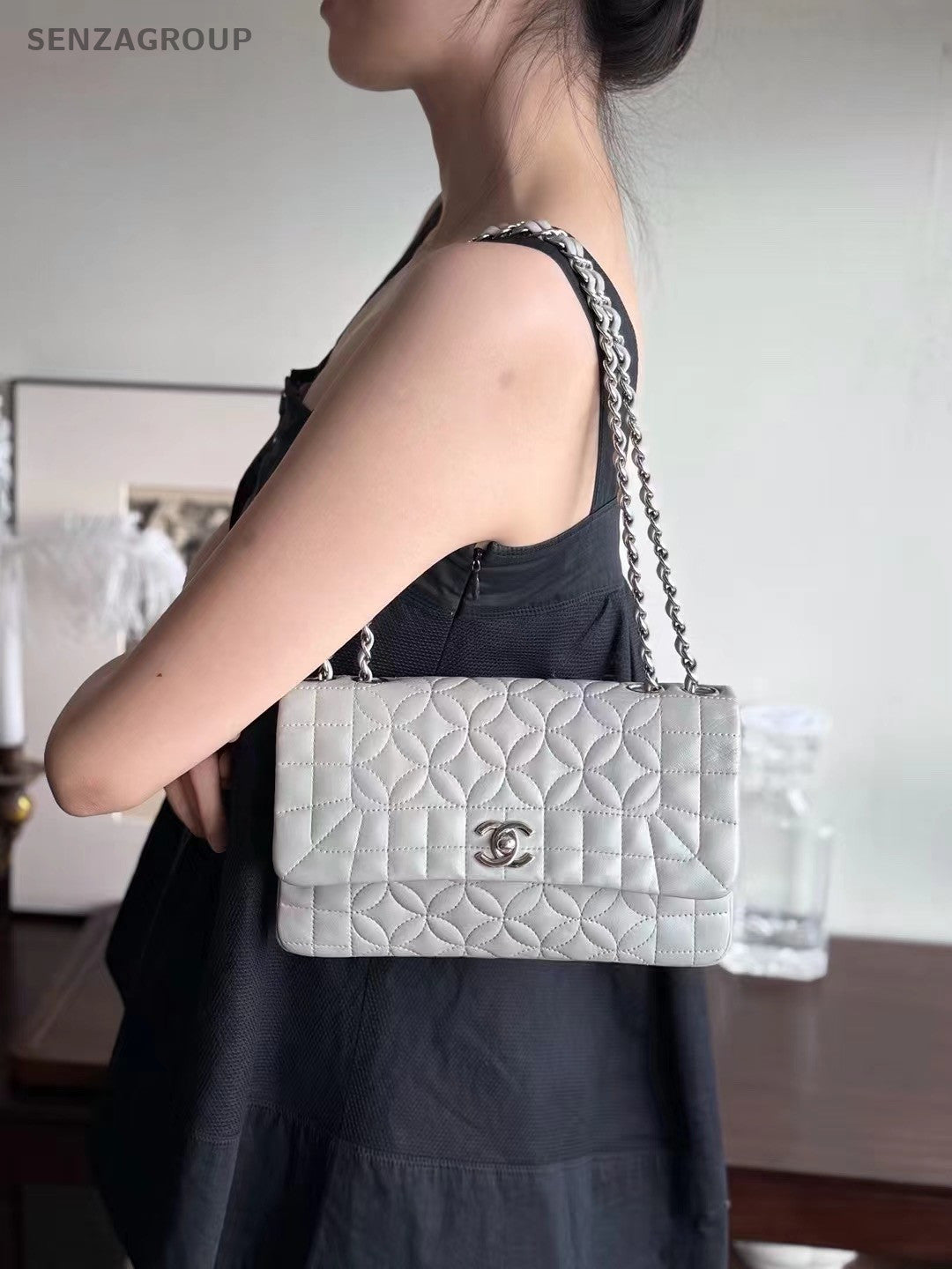 Chanel Classic Flap Four-leaf Clover Series Chain Shoulder bag Gray Silver