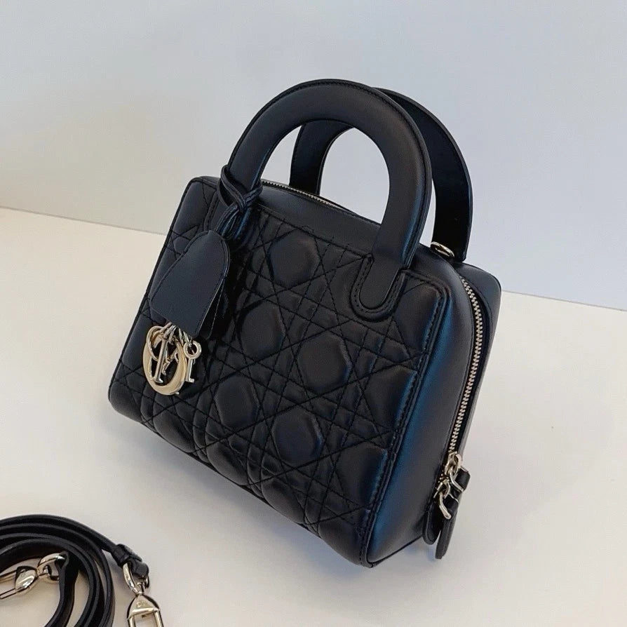 Christian Dior Lily Cannage 2-Way Black Top Handle Bag Crossbody Gold Hardware