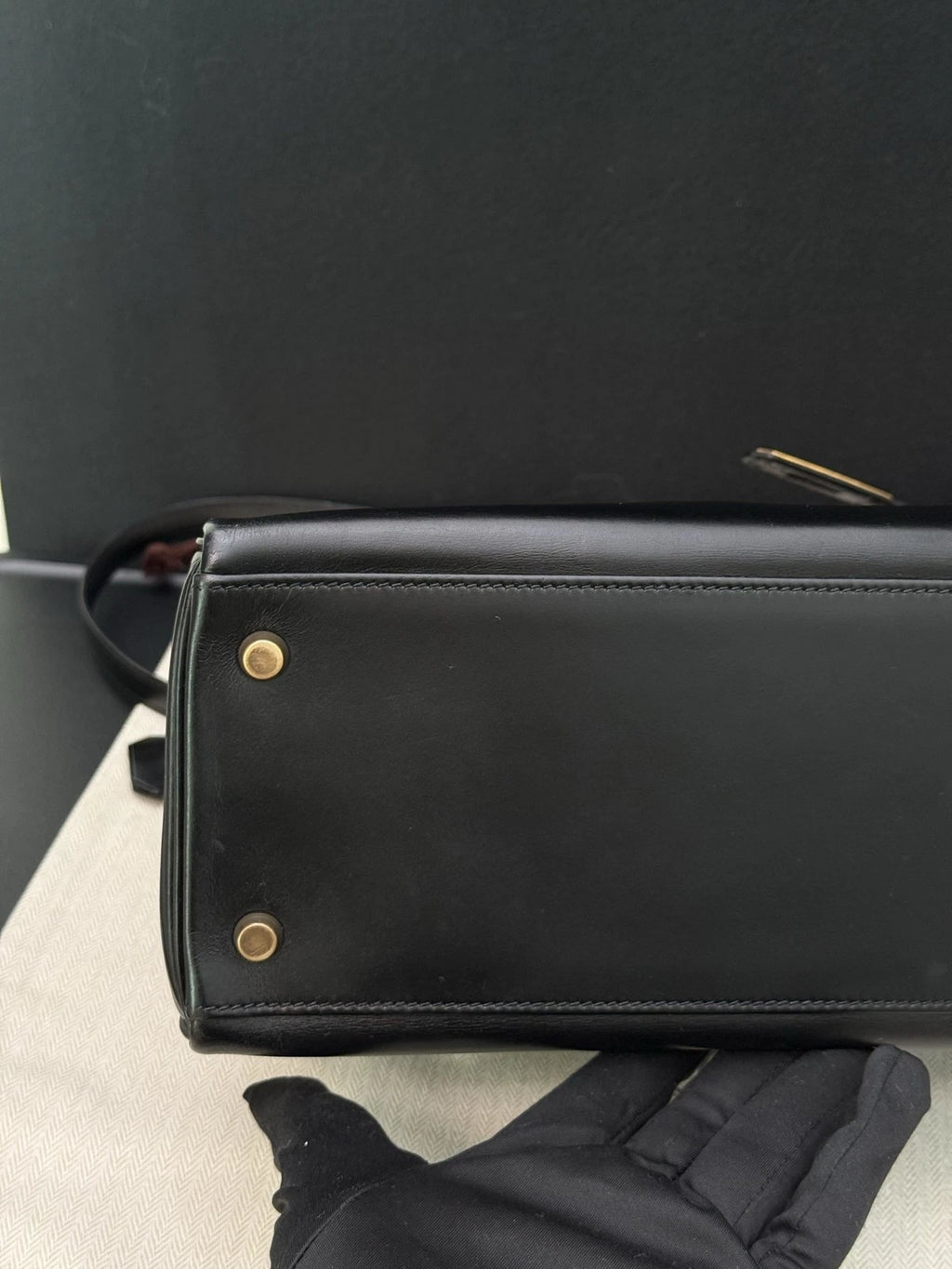 Hermes Kelly32 Box Top Handle Bag Crossbody Women Black Gold Classic Fashion
