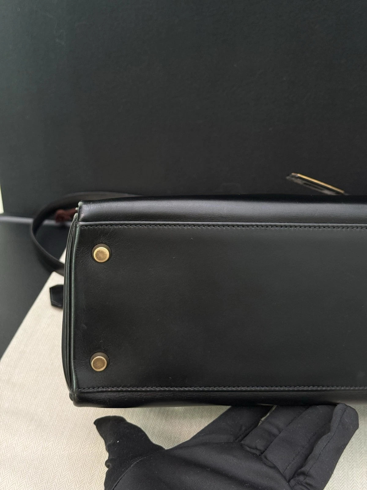 Hermes Kelly32 Box Top Handle Bag Crossbody Women Black Gold Classic Fashion