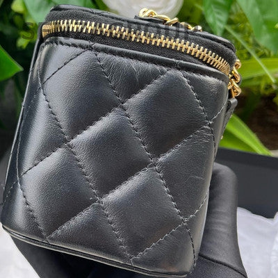 Chanel 24P Black Gold Heart Chain Long Box Makeup Bag Crossbody
