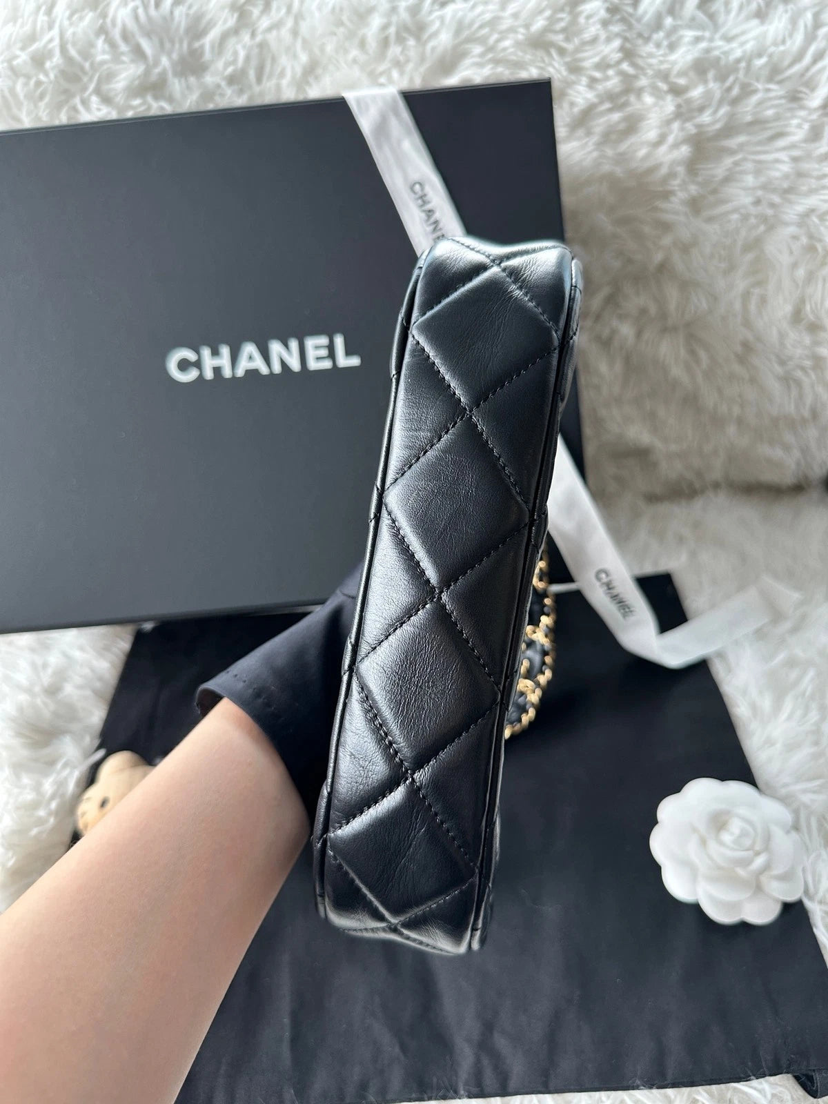 CHANEL Hobo Large Black Gold Calfskin Shoulder Bag For Women
