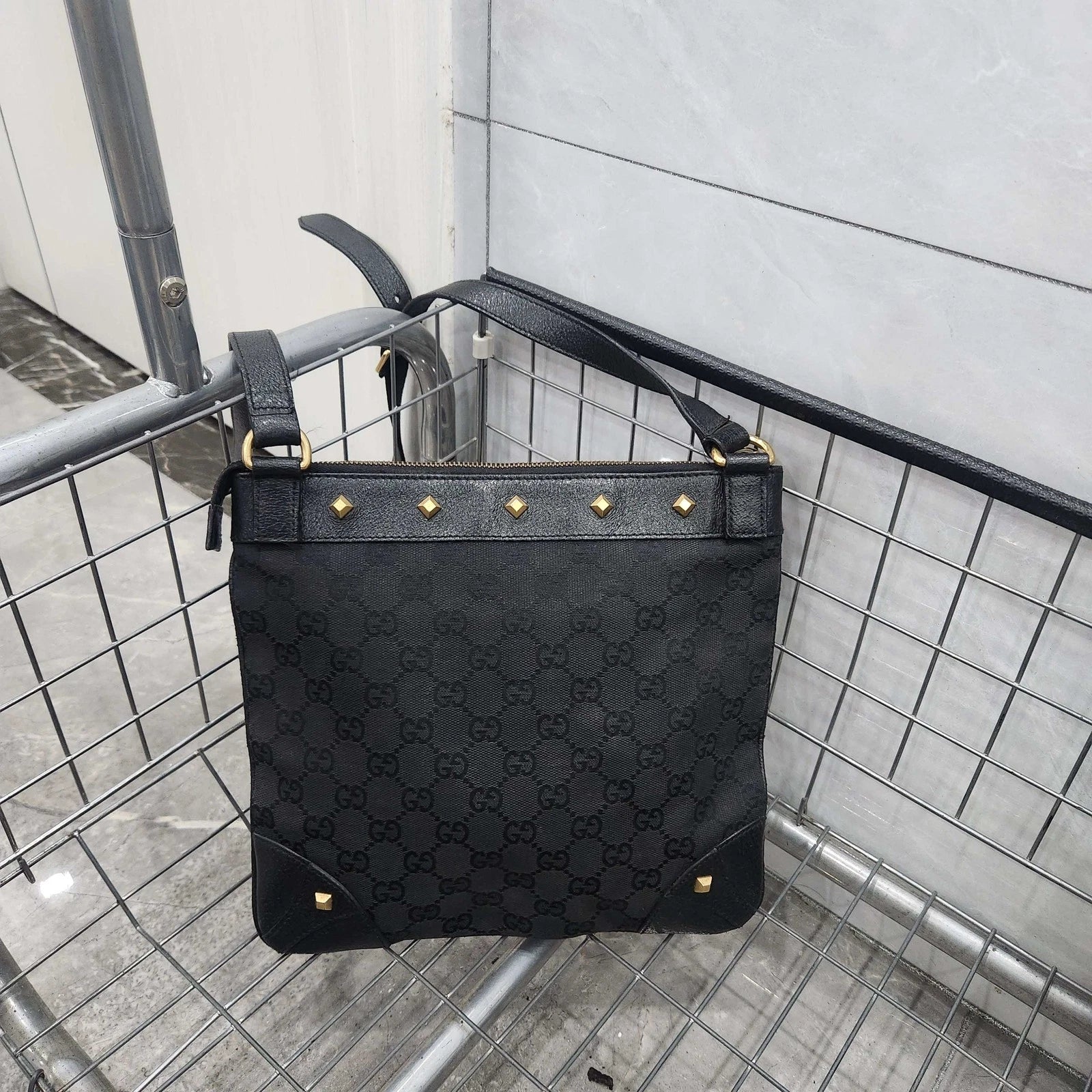 GUCCI Black Canvas Monogram Rivet Shoulder Crossbody Women