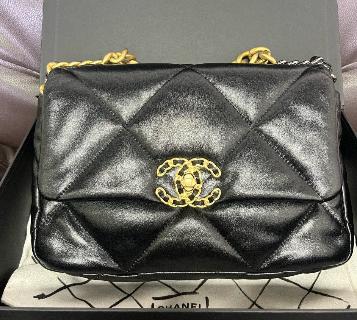Chanel 19Bag PM Chain Top Handle Shoulder Crossbody Black Gold Women Classic