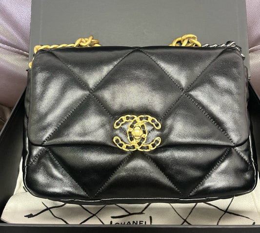 Chanel 19Bag PM Chain Top Handle Shoulder Crossbody Black Gold Women Classic
