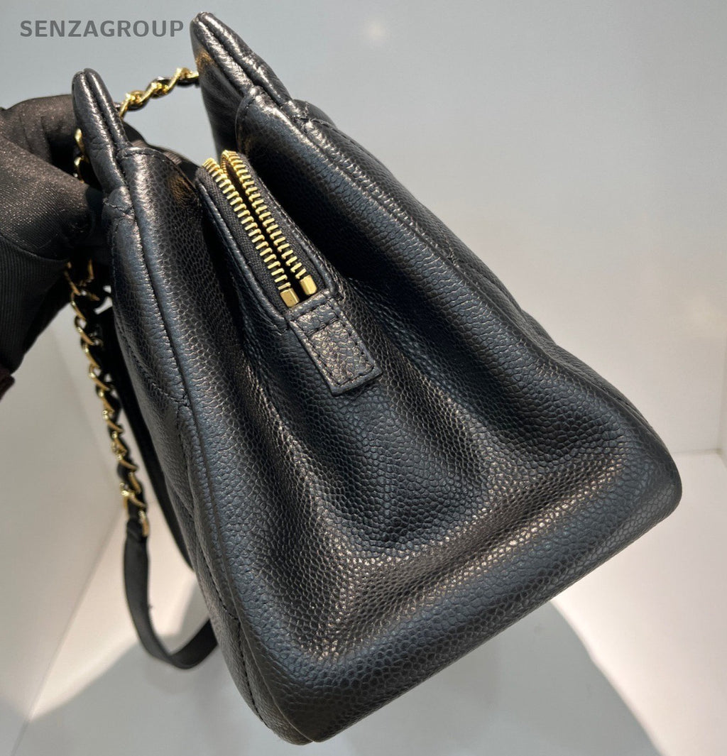 Chanel Calfskin Tote Chain Shoulder Bag Black Gold Diamond Women CC Logo Classic