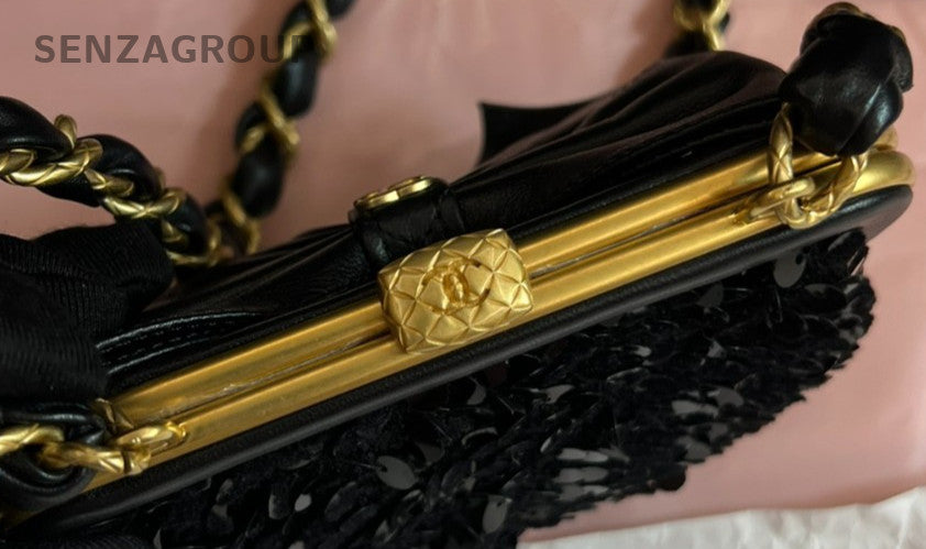 Chanel 24A Chain Shoulder Bag Crossbody Black Gold Used Women Classic