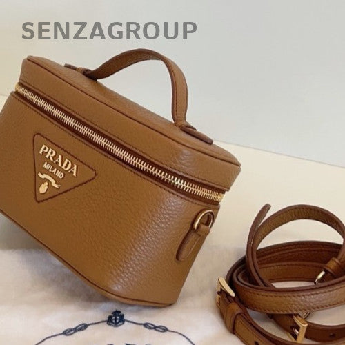 Prada Calfskin Leather 2Way Top Handle Bag Crossbody Brown Gold Women Classic
