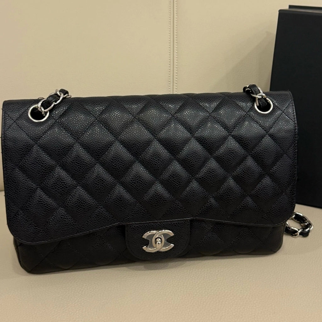 CHANEL CF Maxi Double Flap Black Silver Grained Leather Chain Bag For Women