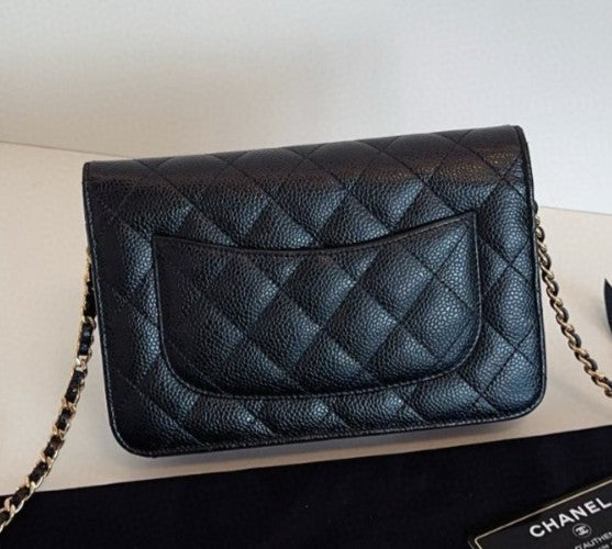 Chanel WOC Diamond Chain Shoulder Bag Crossbody Black Gold Women Classic