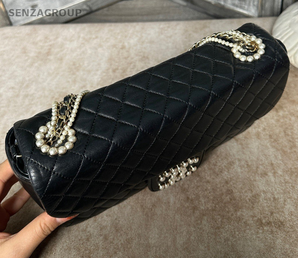 Chanel Classic Flap Lambskin Pearl Chain Shoulder Bag Black Gold Diamond Women