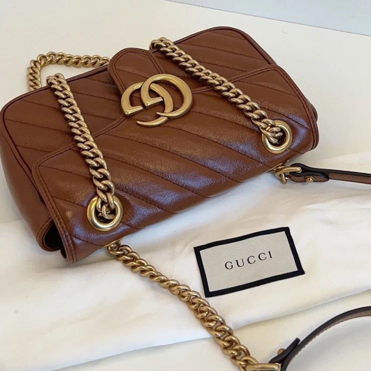 Gucci Marmont 22 Chain Shoulder Crossbody Bag Brown Gold Hardware Women