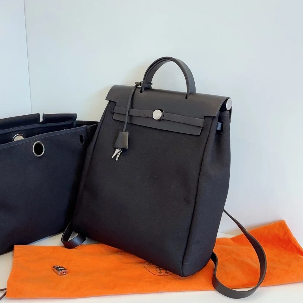 Hermes Herbag So Black Canvas Backpack Black Silver Unisex Adults Classic