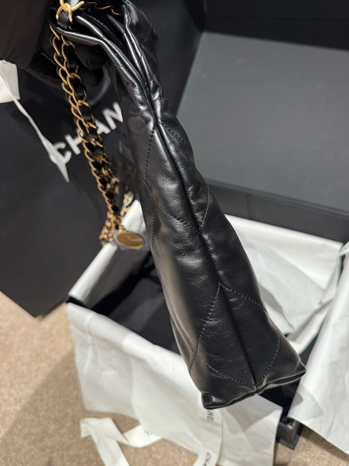 New CHANEL Calfskin 22 Small Black Tote Shoulder Bag For Women