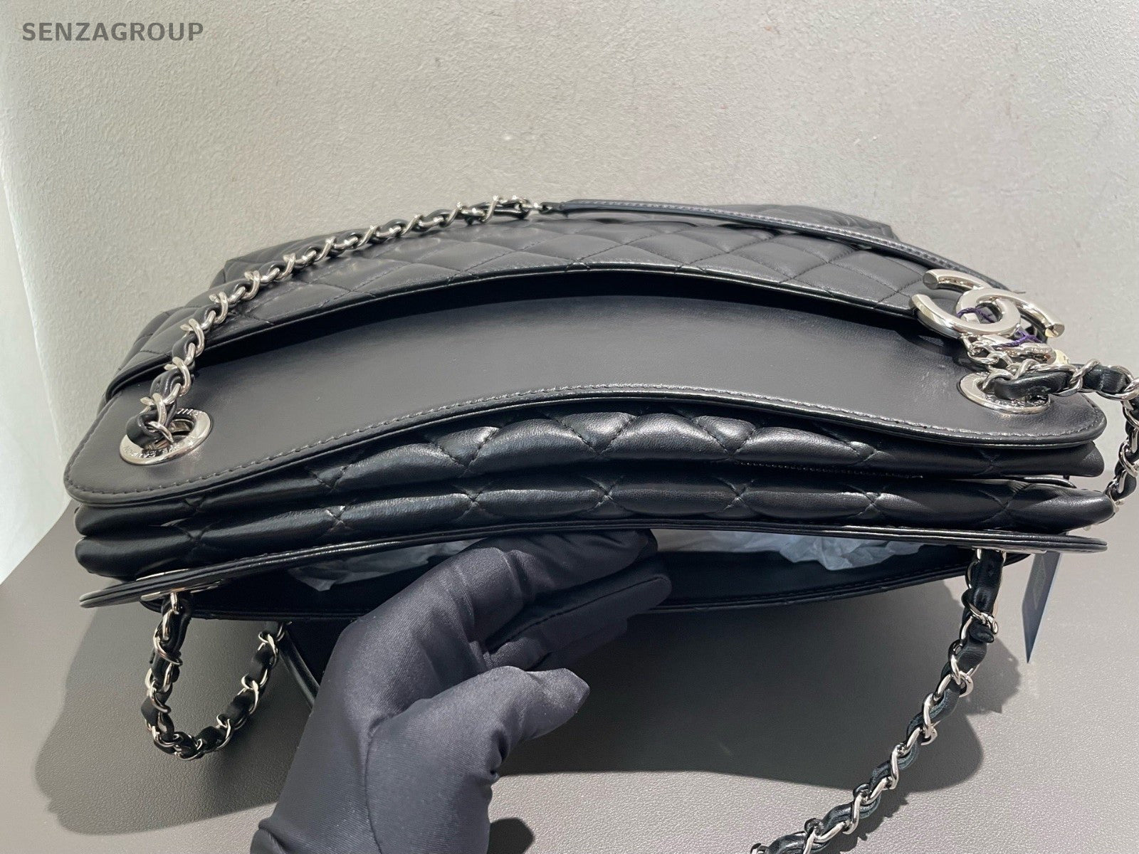 Chanel Large shopping Tote Chain Black Silver Shoulder Bag Diamond Women Classic