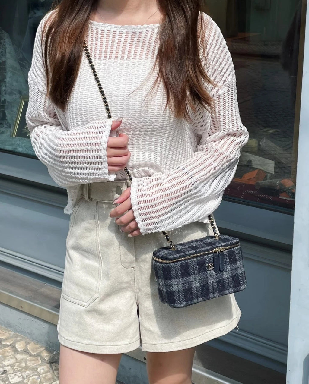 Chip Version Chanel Tweed Long Box Gold Chain Navy Shoulder bag Crossbody