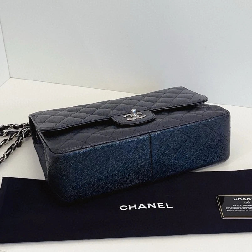 Chanel Classic Flap Jumbo Chain Shoulder Crossbody Diamond Black Silver Women