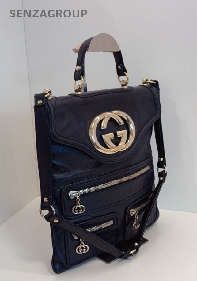 GUCCI GG Logo Top Handle 2way Shoulder Handbag Black Gold Women