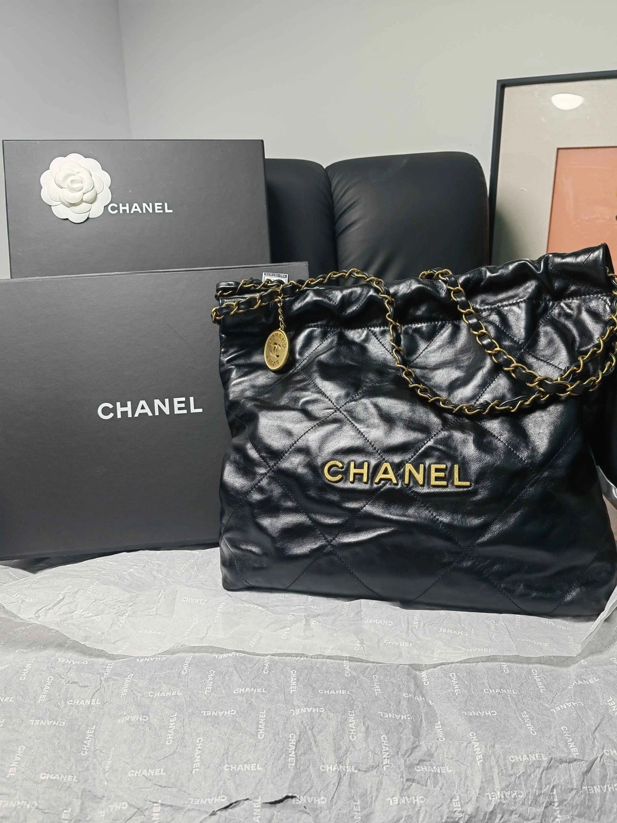 CHANEL 22 Bag Black Gold Medium Tote Shoulder Bag for Women