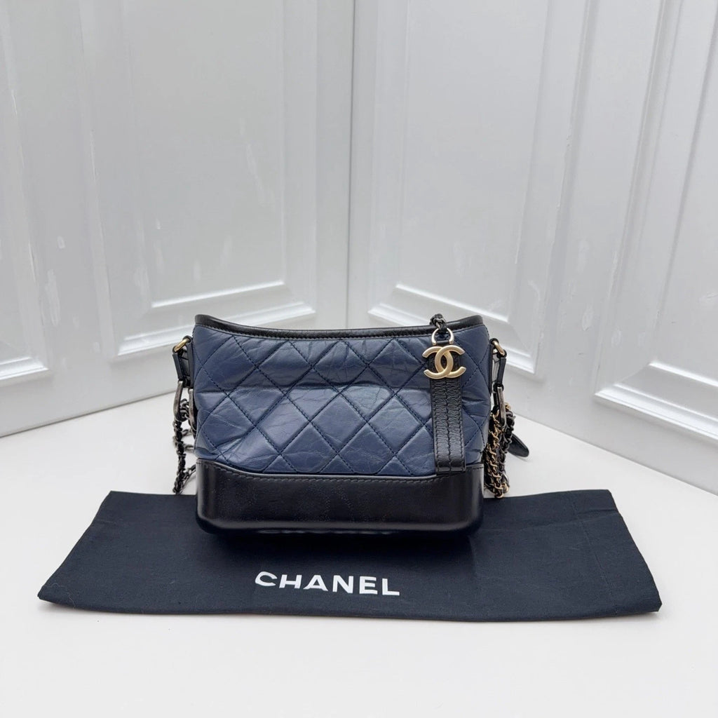 Chanel Gabrielle Small Hobo Shoulder Bag Navy Blue Black Quilted Aged Calfskin