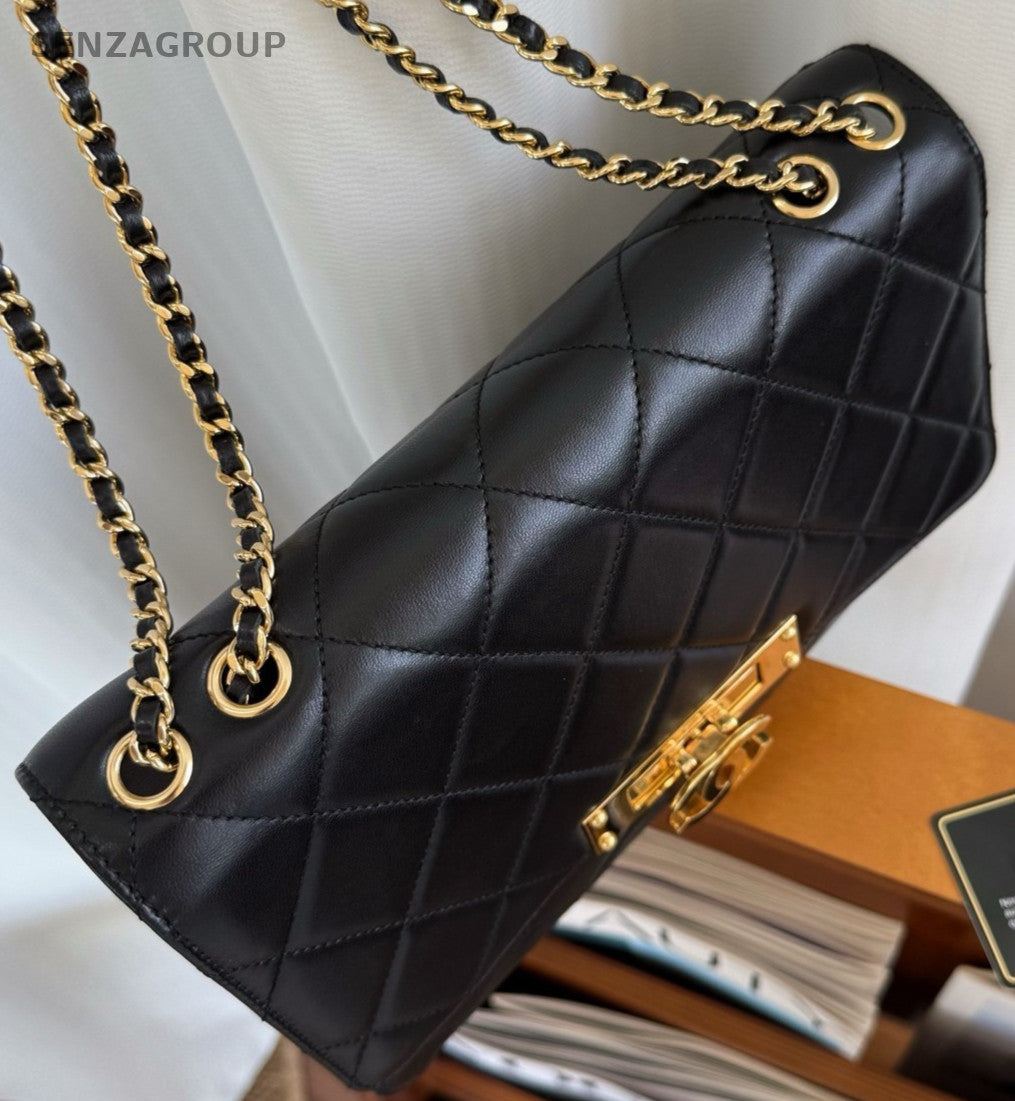 Chanel Classic Flap Chain Diamond Black Gold Shoulder Bag Used Women Designer