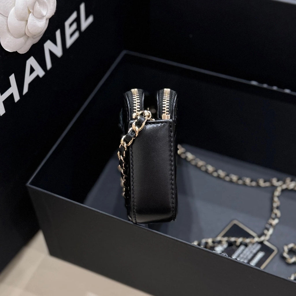 CHANEL Black Gold Camellia Badge WOC Crossbody Bag For Women