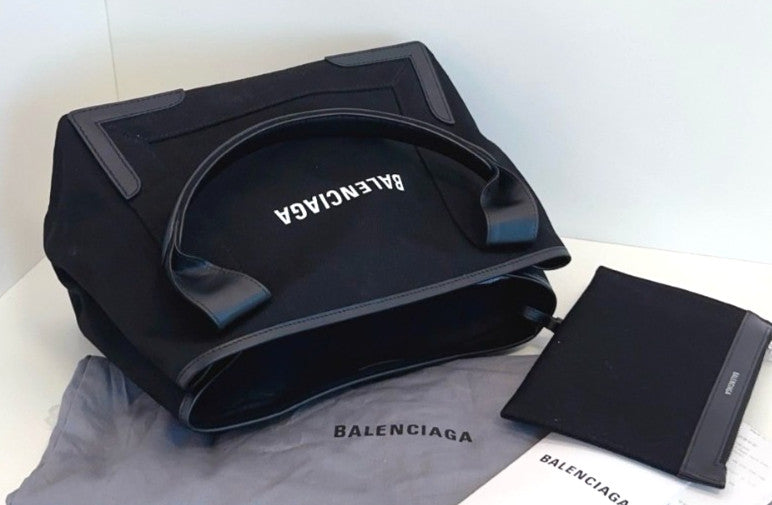 Balenciaga Navy Cabas Canvas Tote Top Handle Shoulder Bag With Pouch Black Women