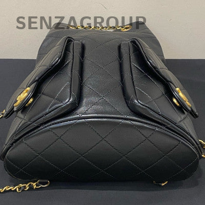 Chanel 25C Black Gold Drawstring Bucket Backpack Quilted Lambskin Classic