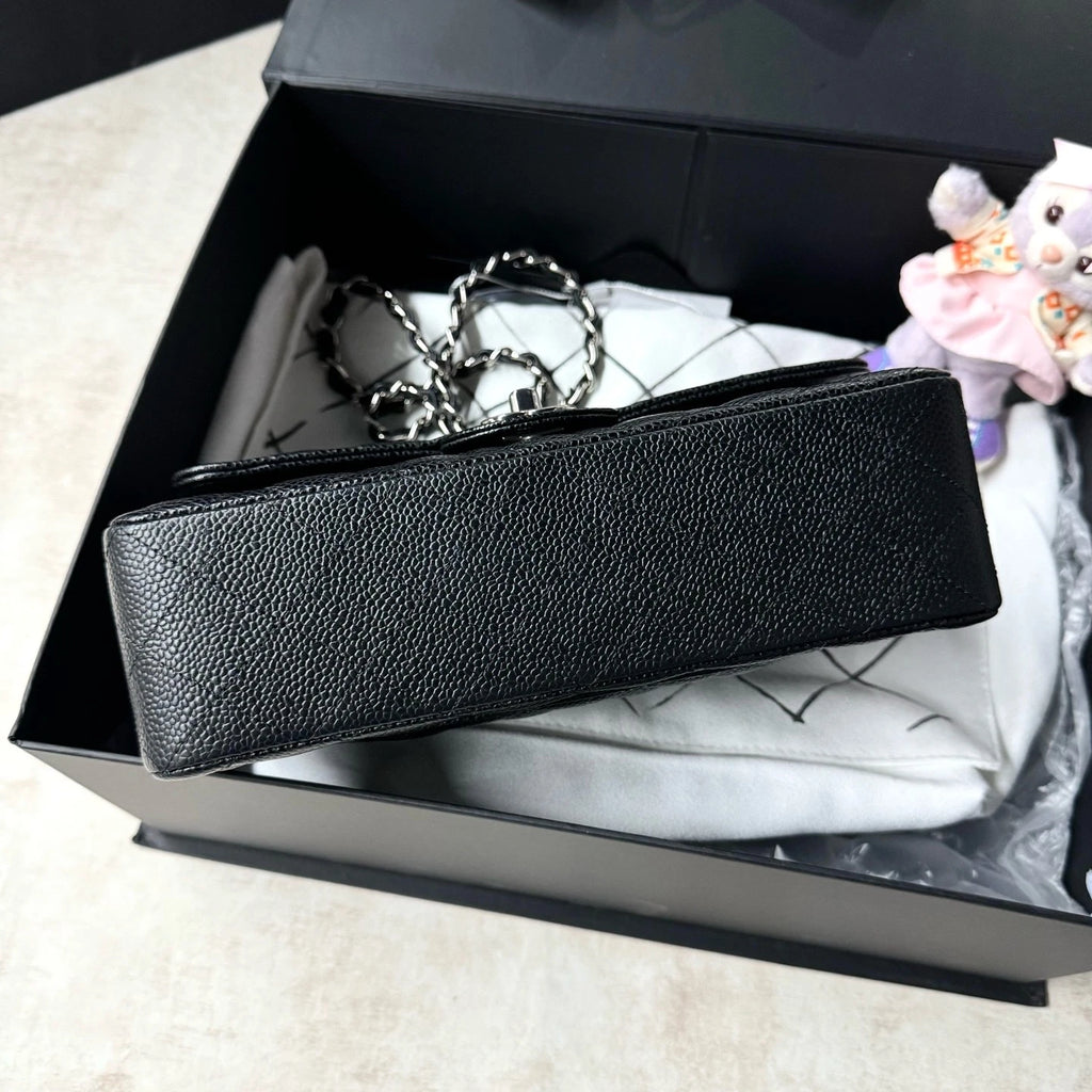 New CHANEL Classic Flap Small Black Calfskin Silver Hardware Bag For Women