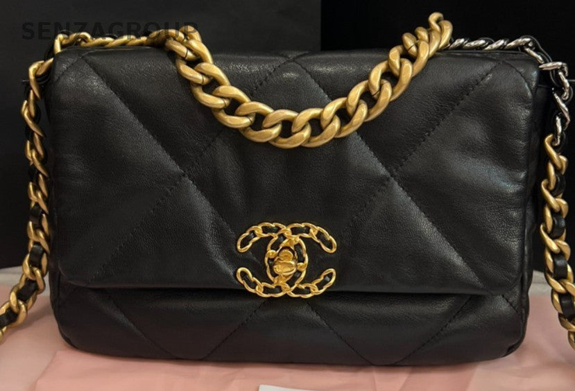 Chanel 19 PM Chain Top Handle Shoulder Bag Crossbody Black Gold Used Women