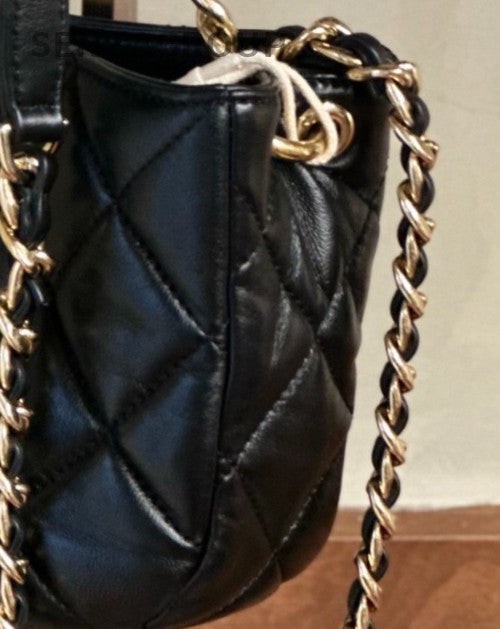 Chanel Mini Hobo Chain Handbag Shoulder Bag Black Gold Used Women Classic