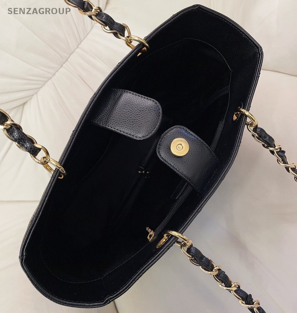 Chanel PST Diamond Calfskin Chain Shoulder Bag Black Gold Used Women Classic