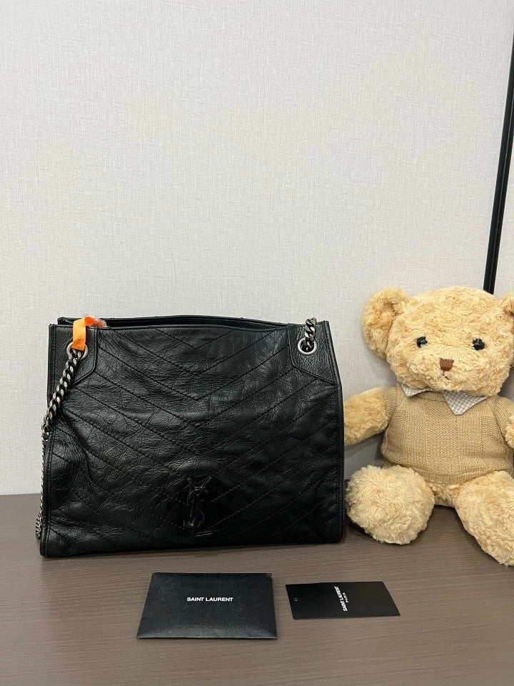 YSL Black Silver Leather Shopping Tote Bag For Women