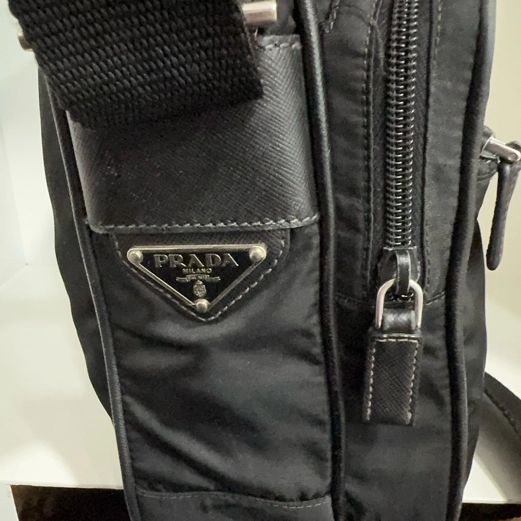 PRADA Black Nylon Double Layer Camera Crossbody Shoulder Bag For Women