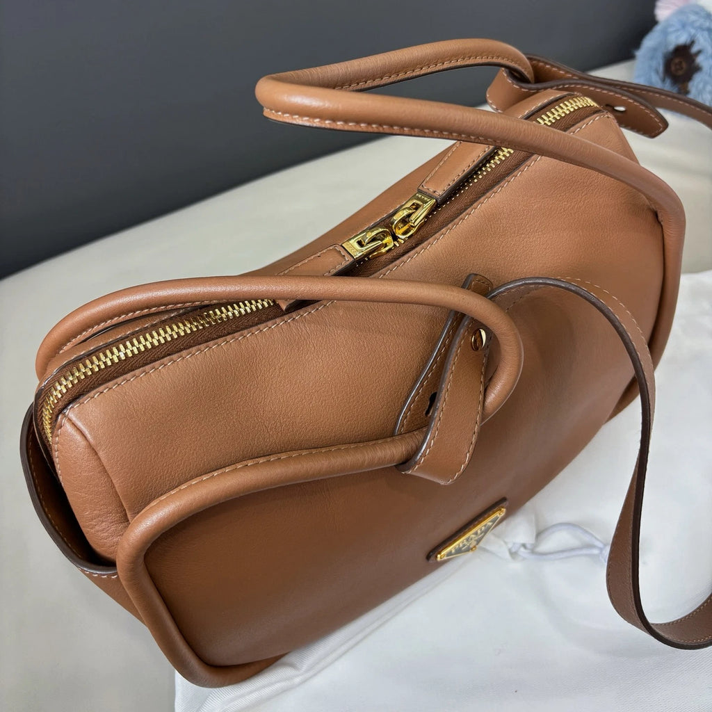 Prada Darling Calfskin 2Way Top Handle Crossbody Brown Gold Women Classic
