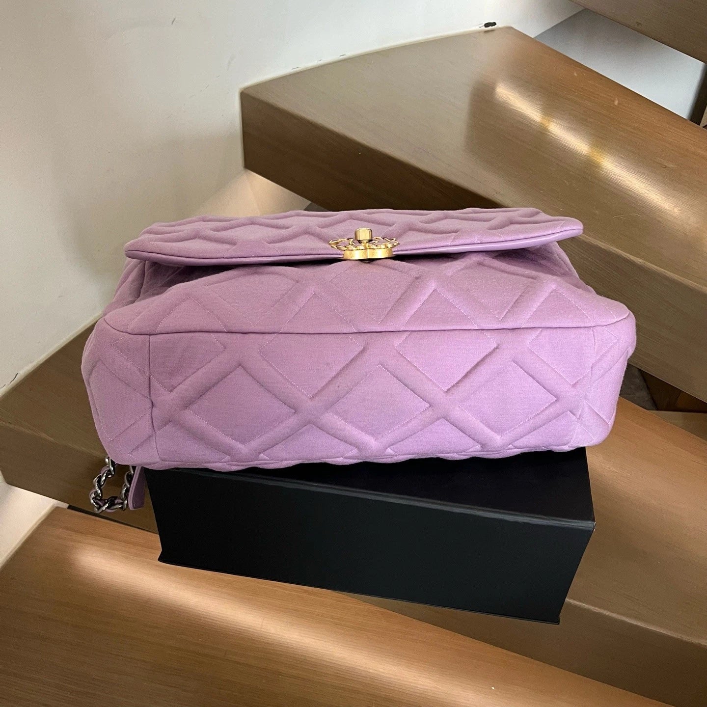 Chanel 19Bag Maxi Diamond Purple Shoulder Bag Turn Lock Women