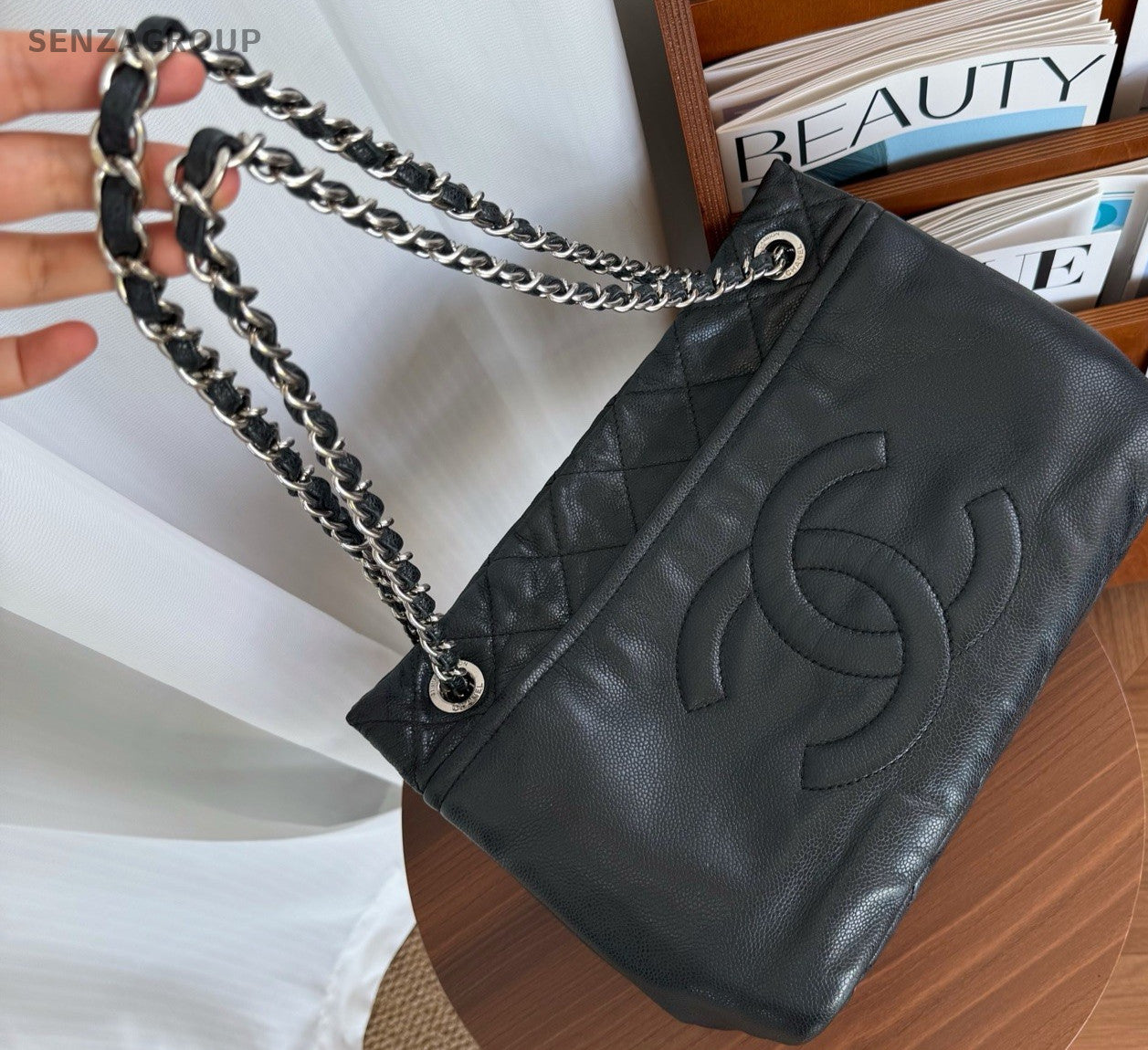 CHANEL CC Relief carving Calfskin Tote Chain Shoulder bag Black Silver Women